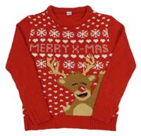 Červený pletený vianočný sveter so sobom a srdiečkami a vločkami