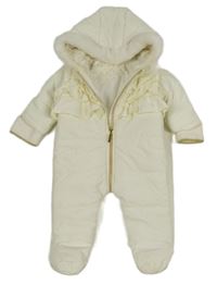 Bílá šusťáková zimní kombinéza s volánky a kapucí Matalan