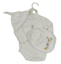 Nové - 3set - bílé body s medvídkem + bryndák s zvířátky + čepice Nutmeg