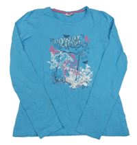 Tyrkysové triko s kytičkami a nápisem Alive