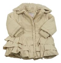 Béžový prošívaný šusťákový zimní kabát s volánky a huňatým límečkem Monsoon