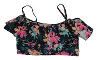 Černo-růžový květovaný plavkový top s volánkem 