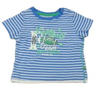 Modro-bílé pruhované tričko s nápisem 