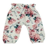 Bielo-ružové kvetované ľahké paper bag nohavice