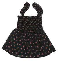 Černý květovaný šifonový top s žabičkováním 