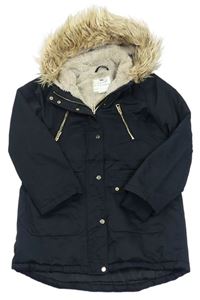 Tmavomodrý šušťákový zimný kabát s kapucňou a kožúškom F&F