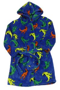 Tmavomodrý chlupatý župan s dinosaury a kapucí