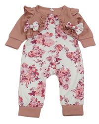 Bielo-ružový kvetovaný overal s volánikmi