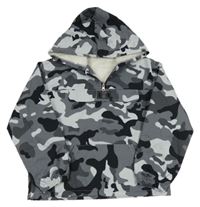 Sivo-čierno-biela army šušťáková zateplená bunda s kapucňou Shein