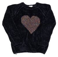 Tmavomodrý žinylkový sveter so srdiečkom Primark