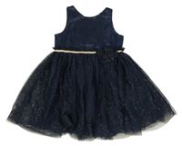 Tmavomodré slavnostní šaty s tylovou sukní a kytkou H&M