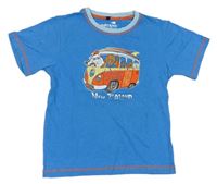 Modré melírované tričko s autobusom so zvieratkami