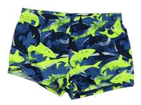Modro-tmavomodro-neónově zelené nohavičkové plavky so žralokmi NABAIJI