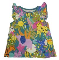 Petrolejové melírované tričko se zvířátky a sluníčky a banány a volánky Next