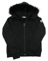 Černá propínací mikina s kapucí s kožešinou Moncler
