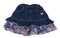 Tmavomodrá riflovo/plátěná sukňa so srdiečkom a růžemi a volánikmi Kids