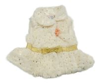 Smotanová kožušinová podšitá vesta s 3D květem a zlatými flitre a mašlou a golierikom Little Lass