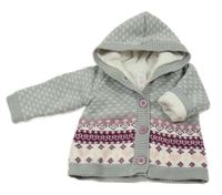 Šedo-bílo-vínovo-starorůžový vzorovaný pletený propínací zateplený svetr se srdíčky a kapucí C&A