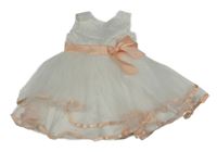 Bielo-marhuľové tylové slávnostné šaty s mašlou a kvetmi iEFiEL