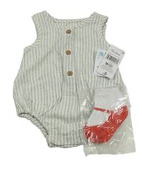 Nové - 2Set - Modrošedo-bílý pruhovaný kraťasový overal Matalan + bílo/červené ponožky