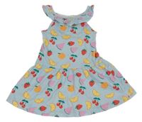 Svetlomodré letné šaty s ovociem a melónmi a jahůdkami a volánikom PRIMARK