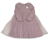 Nové - starorůžové žebrované vzorované šaty s tylem s puntíky PRIMARK