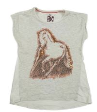 Světlešedo-bílé melírované tričko s koníkem a flitry Tu