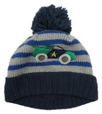 Šedo-safírovo-tmavomodrá pruhovaná vlněná čepice s autem a bambulí Next
