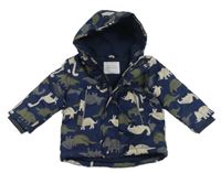 Tmavomodrá šusťáková zimní bunda s dinosaury a kapucí Primark