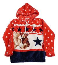 Červeno-bielo-tmavomodrá chlpatá mikina s medveďmi a kapucňou