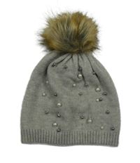 Šedá melírovaná čepice s perlami a bambulí