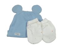 2set - Modrá rebrovaná čapica s oušky + bílé rukavičky s hviezdami