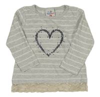 Světlešedo-bílé pruhované triko se srdcem z flitrů Topolino
