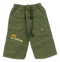 Khaki plátenné capri nohavice s nosorožcem a vreckami