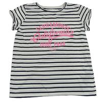 Bílo-tmavomodré pruhované tričko s růžovým nápisem H&M