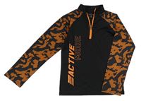 Černo-oranžové sportovní funkční triko se vzorovanými rukávy 