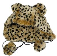 Hnědo-černá leopardí kožešinová beranice s oušky 