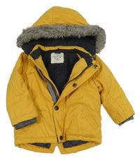 Žlutá šusťáková zateplená bunda s kapucí s kožešinou F&F