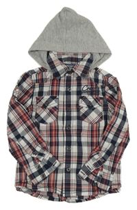 Tmavomodro-bílo-červená kostkovaná košile s kapucí 