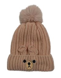 Svetloružová pletená zateplená čapica s ňufáčikom  a brmbolcom