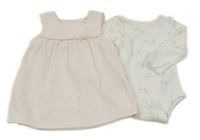 2 set - biele body s obrázky + svetloružové zamatové šaty M&S