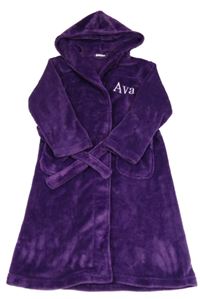 Tmavofialový plyšový župan s nápisem a kapucí 