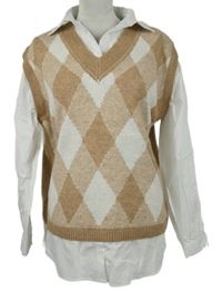 Dámská béžovo-bílá károvaná svetrová vesta s bílou halenkovou vsadkou Primark