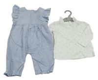 Nové - Modrý kalhotový overal s volánkem+ bílé květinové triko Dunnes