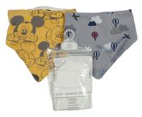 Nové - 6 set - 3x bílé rukavičky + 2 x slintáček - modrý s balony + žlutý s Mickey Mousem