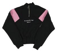 Černo-bílo-růžová crop mikina s nápisem Kiabi 