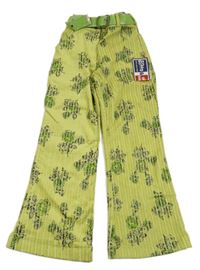 Nové - Zelené kvetované flare manšestráky s opaskom