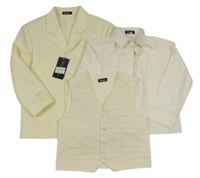 Nové - 3 set - smotanové spoločenské sako + vzorovaná vesta + smotanová košeľa