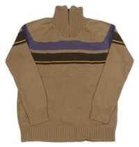 Hnedý sveter s pruhmi a stojačikom Manguun