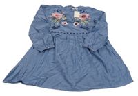 Nové - Modré lehké šaty riflového vzhledu s květy a ptáčky 